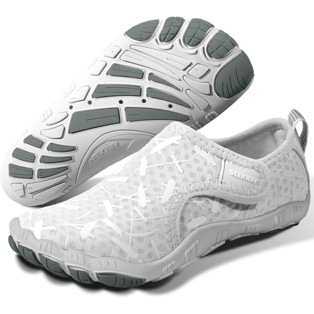 imageSEEKWAY Barefoot Water Shoes for Kids  Wide Toe Box and QuickDry Sand Shoes Toddler for Hiking Swim Beach Pool Kayak Sport Accessories Camping Essentials NonSlip for Boys Girls Sizes4f206 Gray White