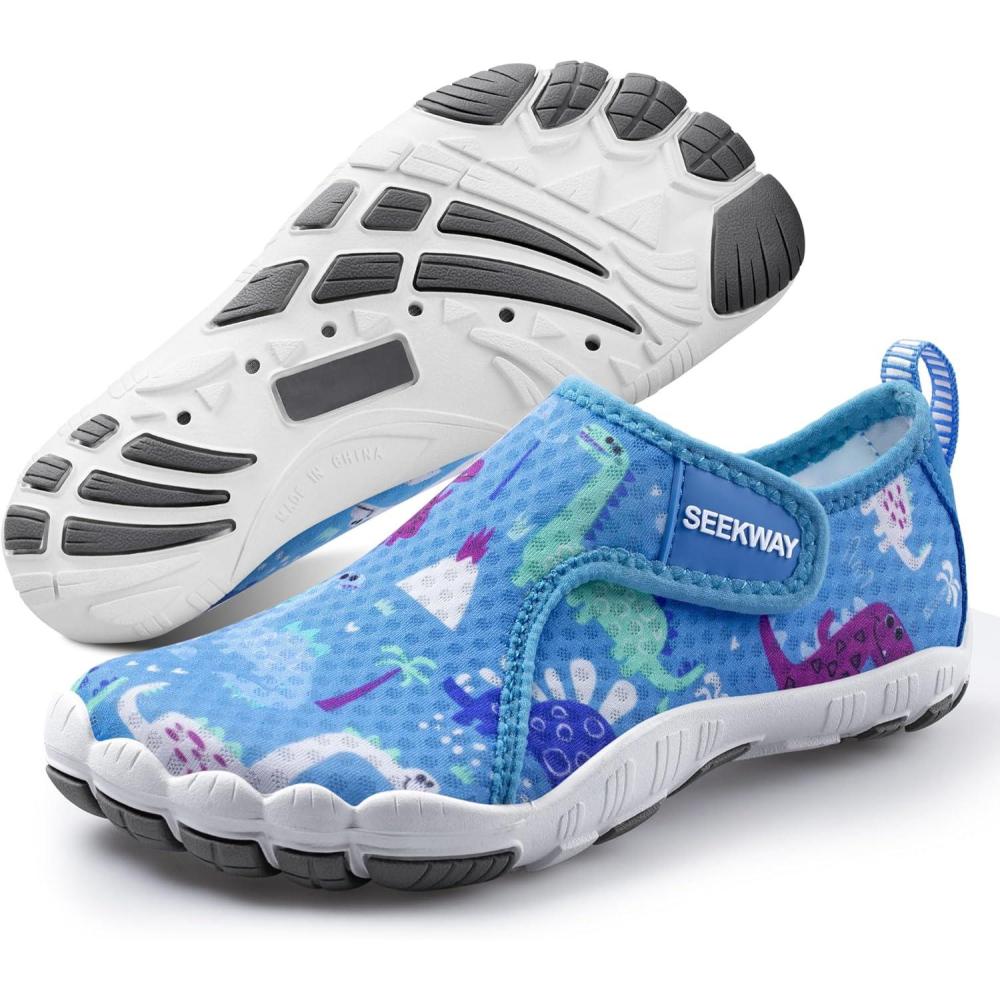 imageSEEKWAY Barefoot Water Shoes for Kids Wide Toe Box and QuickDry Sand Shoes Toddler for Hiking Swim Beach Pool Kayak Sport Accessories Camping Essentials NonSlip for Boys Girls Sizes3b112 Blue Dinosaur