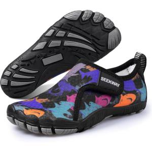 SEEKWAY Barefoot Water Shoes for Kids – Wide Toe Box and Quick-Dry Sand Shoes Toddler for Hiking Swim Beach Pool Kayak Sport Accessories, Camping Essentials Non-Slip for Boys Girls Sizes(2c-107 Black Shark)
